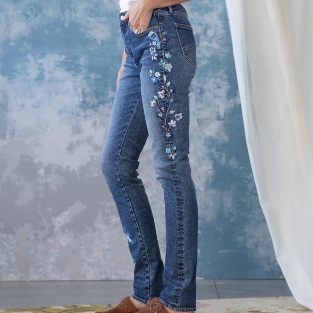 Driftwood 30 Audrey High-rise Jeans Aida Embroidery Birds Floral Appliqué Blue - Picture 3 of 4